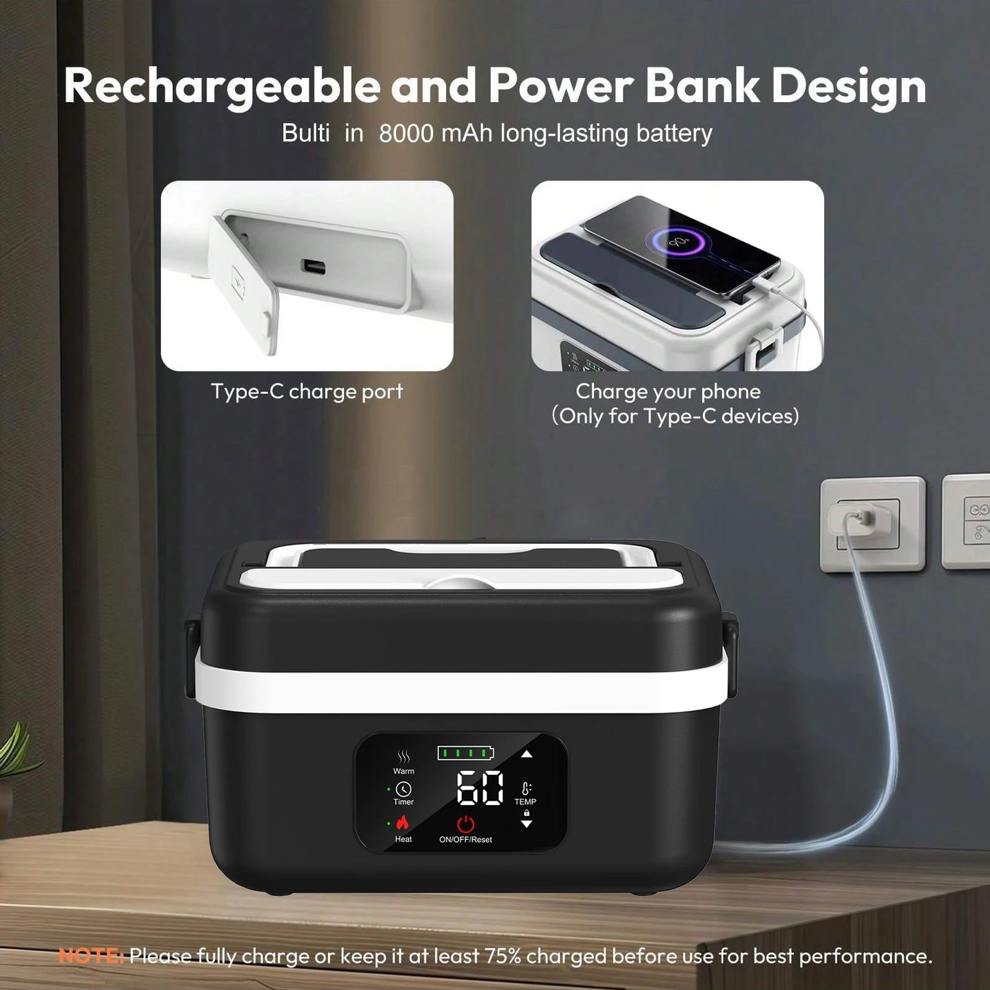 Wireless Electric Insulated Lunch Box With 60W Heating 8000mAh Battery