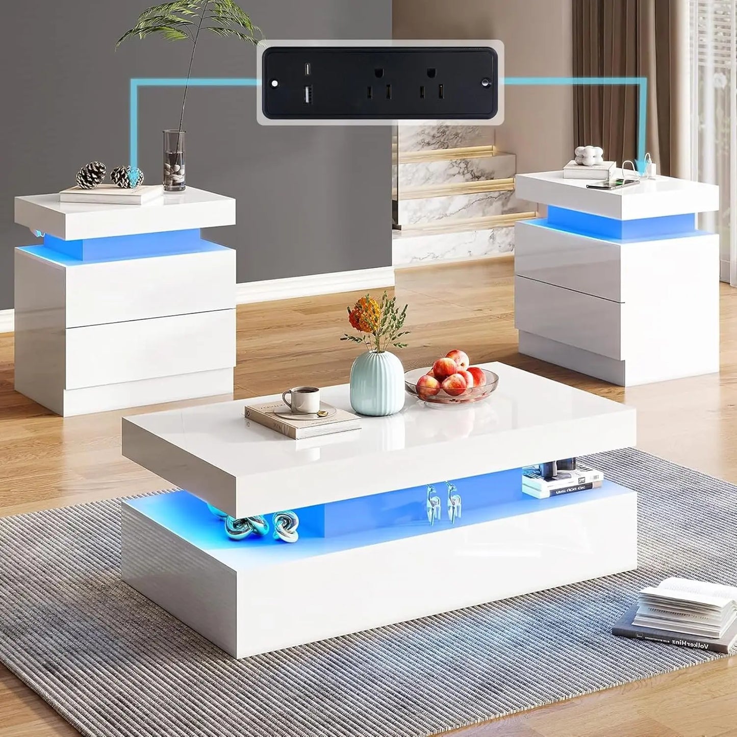 Modern High Gloss Living Room Table Set With Integrated LED