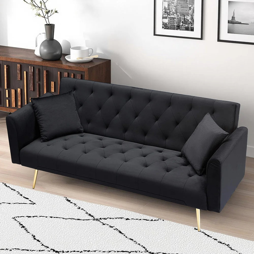 Velvet Convertible Futon Sofa Bed With Gold Metal Legs And 3 Position Backrest
