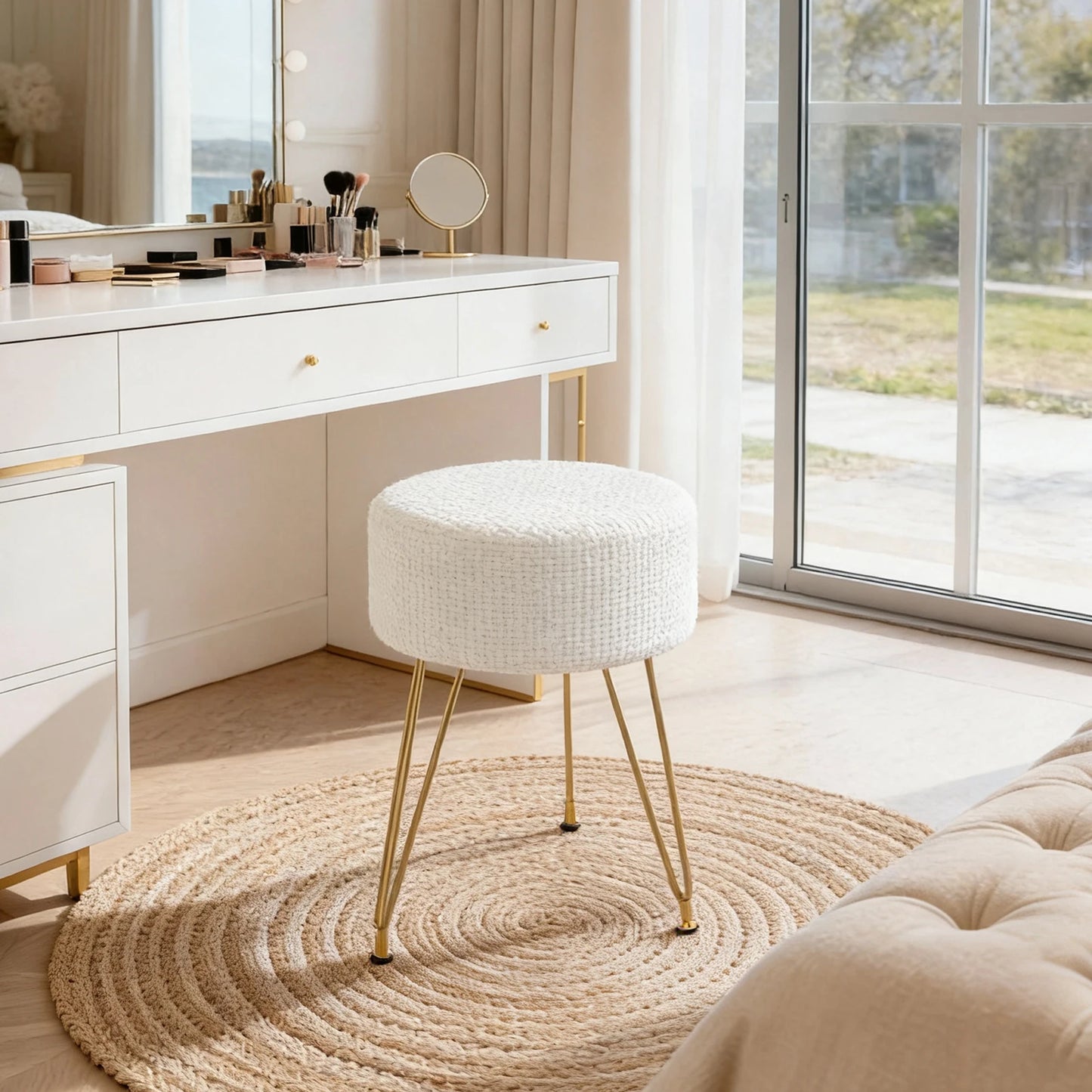 JHK Velvet Round Ottoman Vanity Footrest Stool With Thick Cushion