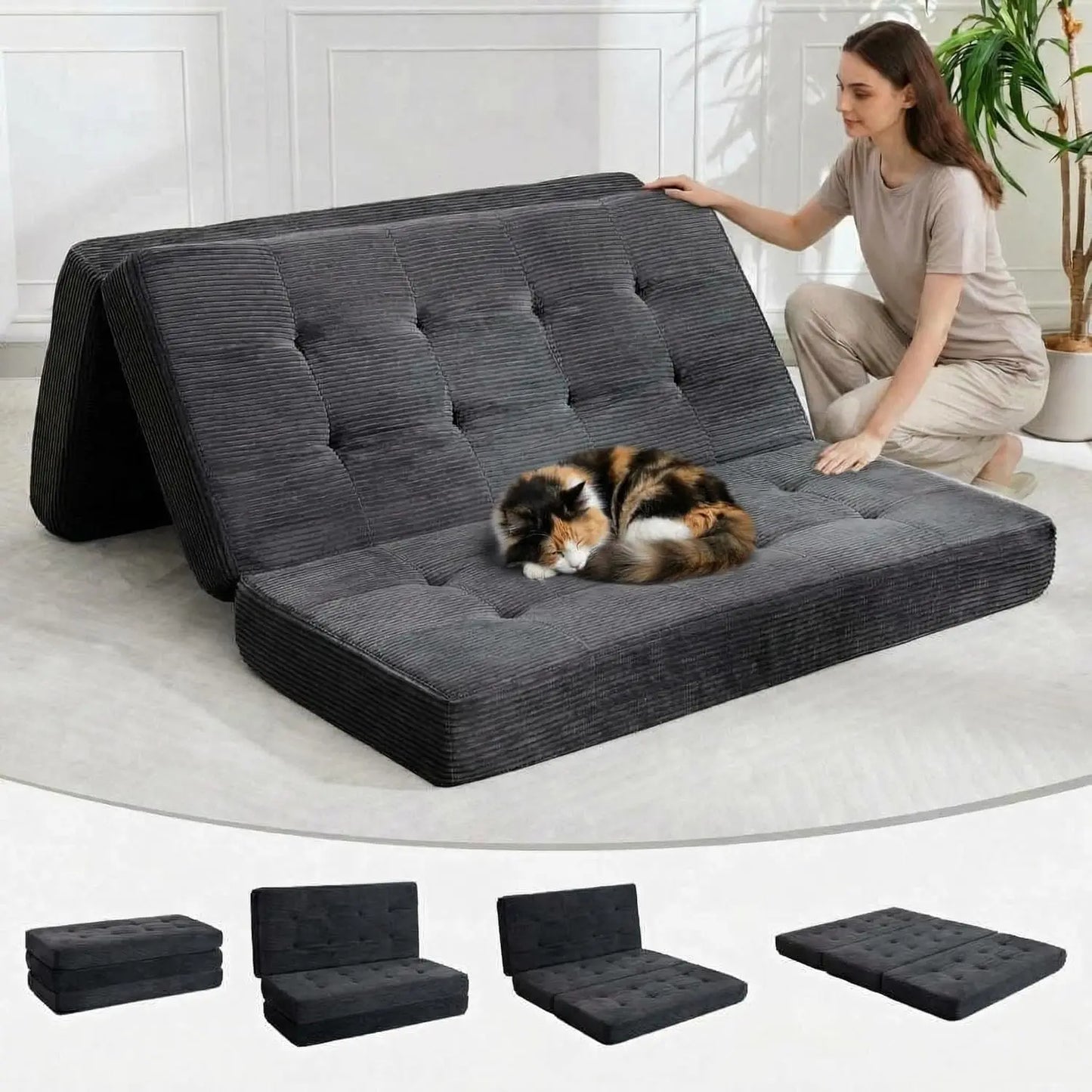 Convertible Sleeper Sofa 5-In-1 Folding Mattress Fixed Frame