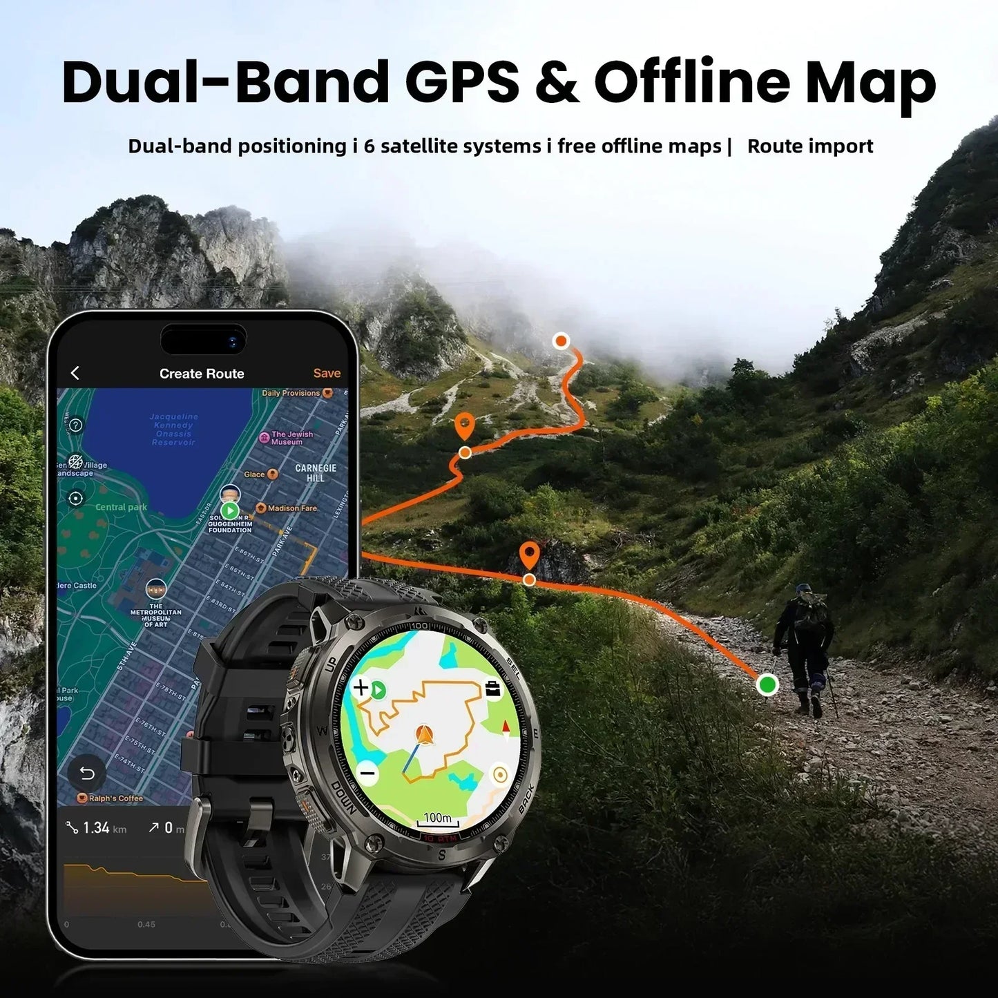 KOSPET Tank T4 Smartwatch For Men GPS Offline Maps 10ATM