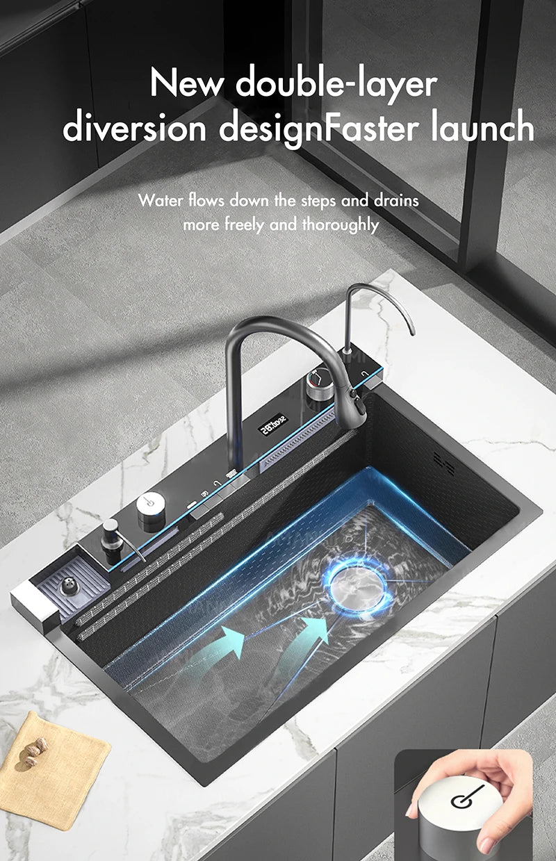 MYQualife 304 Stainless Steel Waterfall Kitchen Sink With Digital Display Faucet