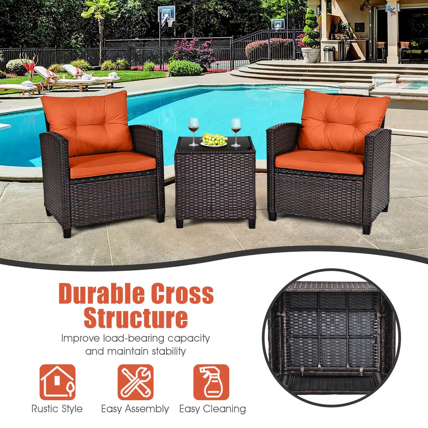 HOMASIS 3-Piece Patio Rattan Cushioned Conversation Set
