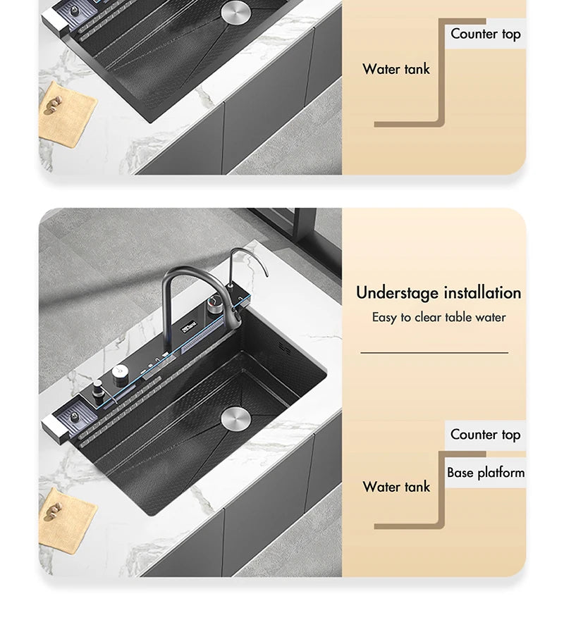 MYQualife 304 Stainless Steel Waterfall Kitchen Sink With Digital Display Faucet