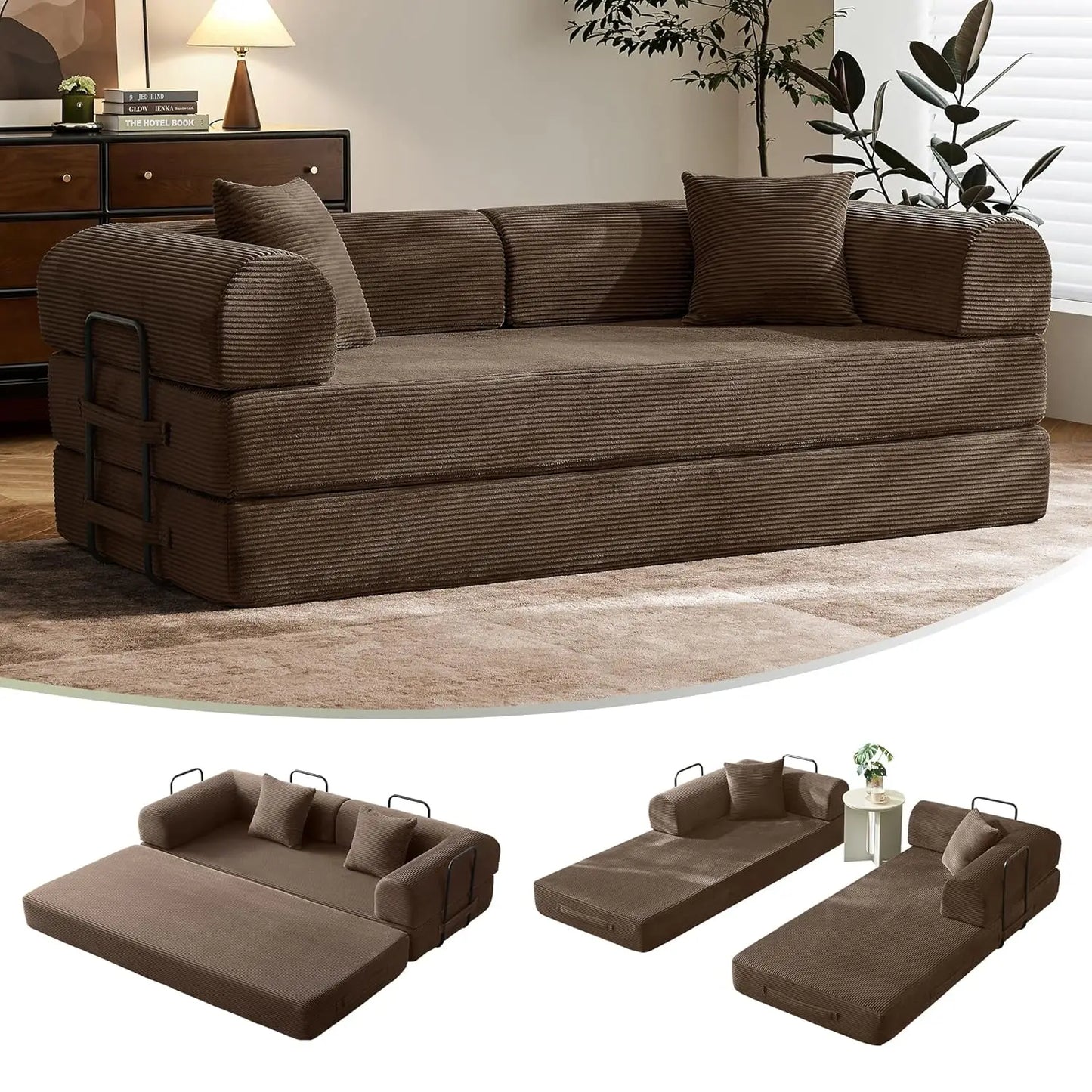 Corduroy Convertible Sofa Bed With Fixed Frame And Removable Armrests