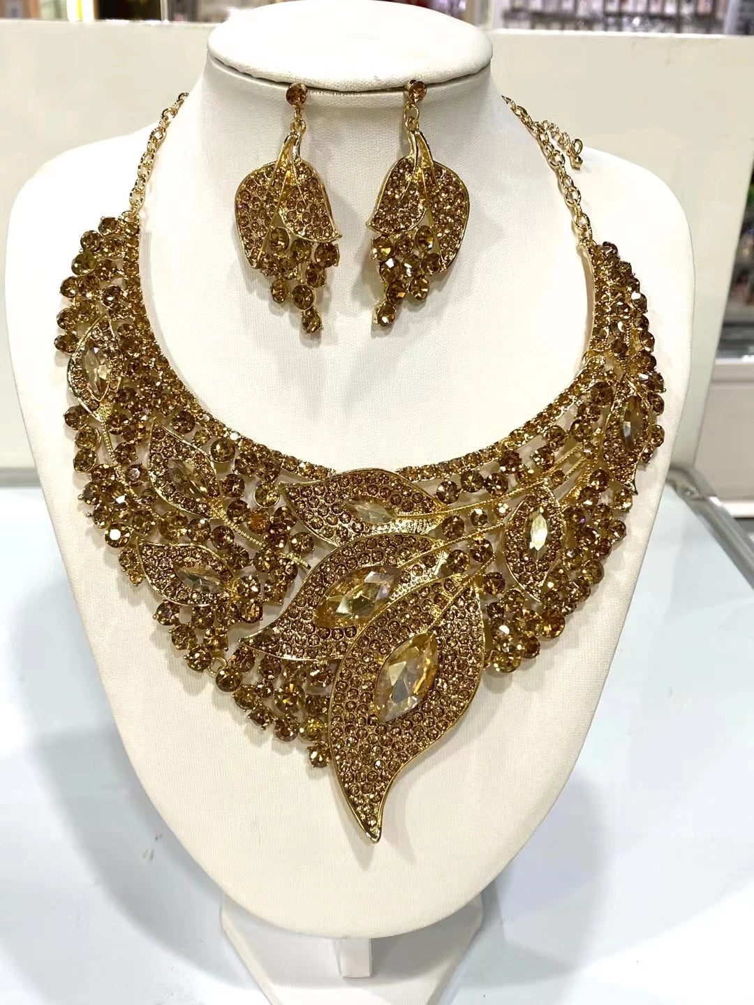 African Bridal Rhinestone Necklace And Earrings Set Wedding Jewelry