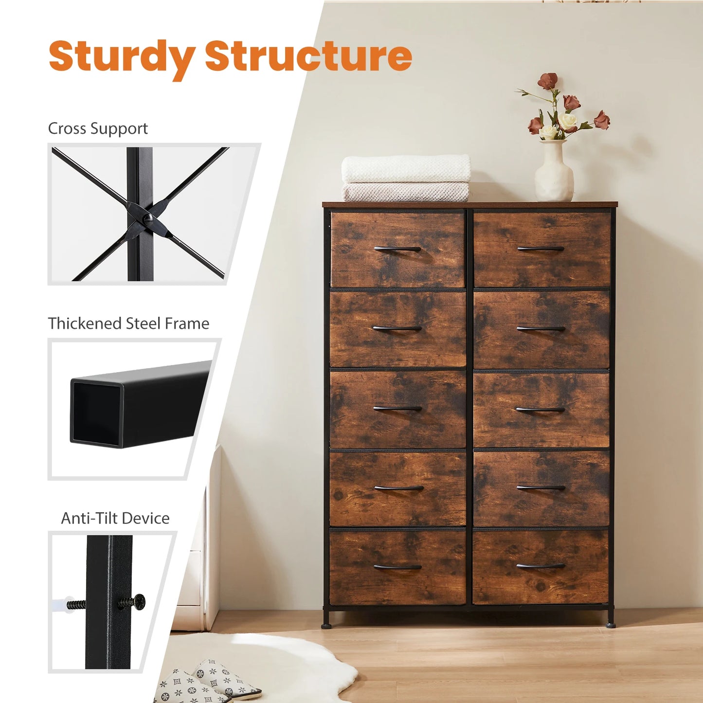 JHK Bedside Table With Fabric Drawers And Steel Frame Wardrobe Storage Cabinet