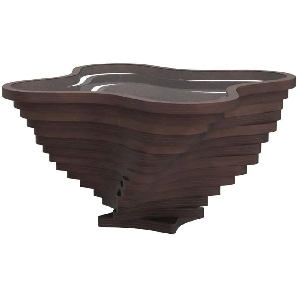 Contemporary Wave Coffee Table With Natural Walnut Veneer And Glass