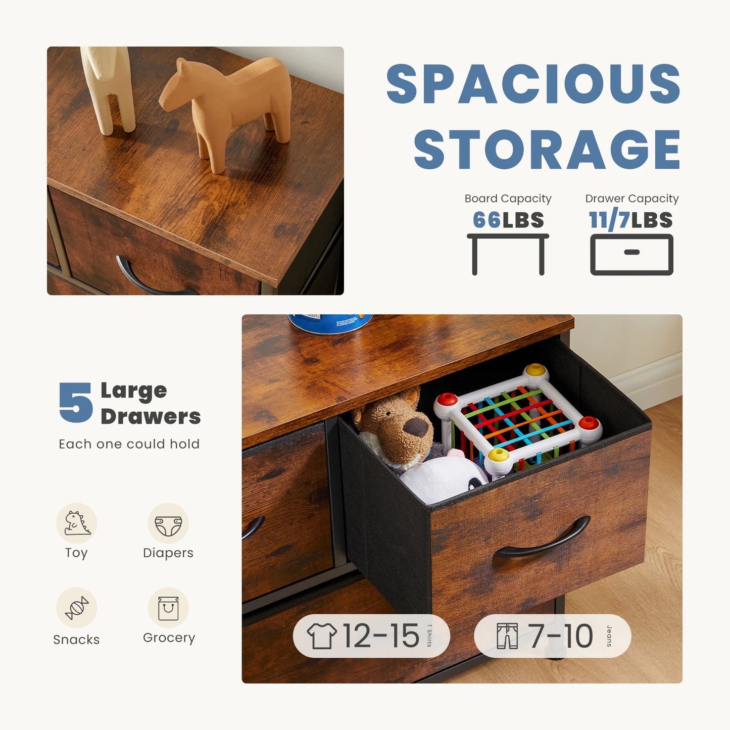 JHK Living Room Display Cabinet With Five Fabric Drawers