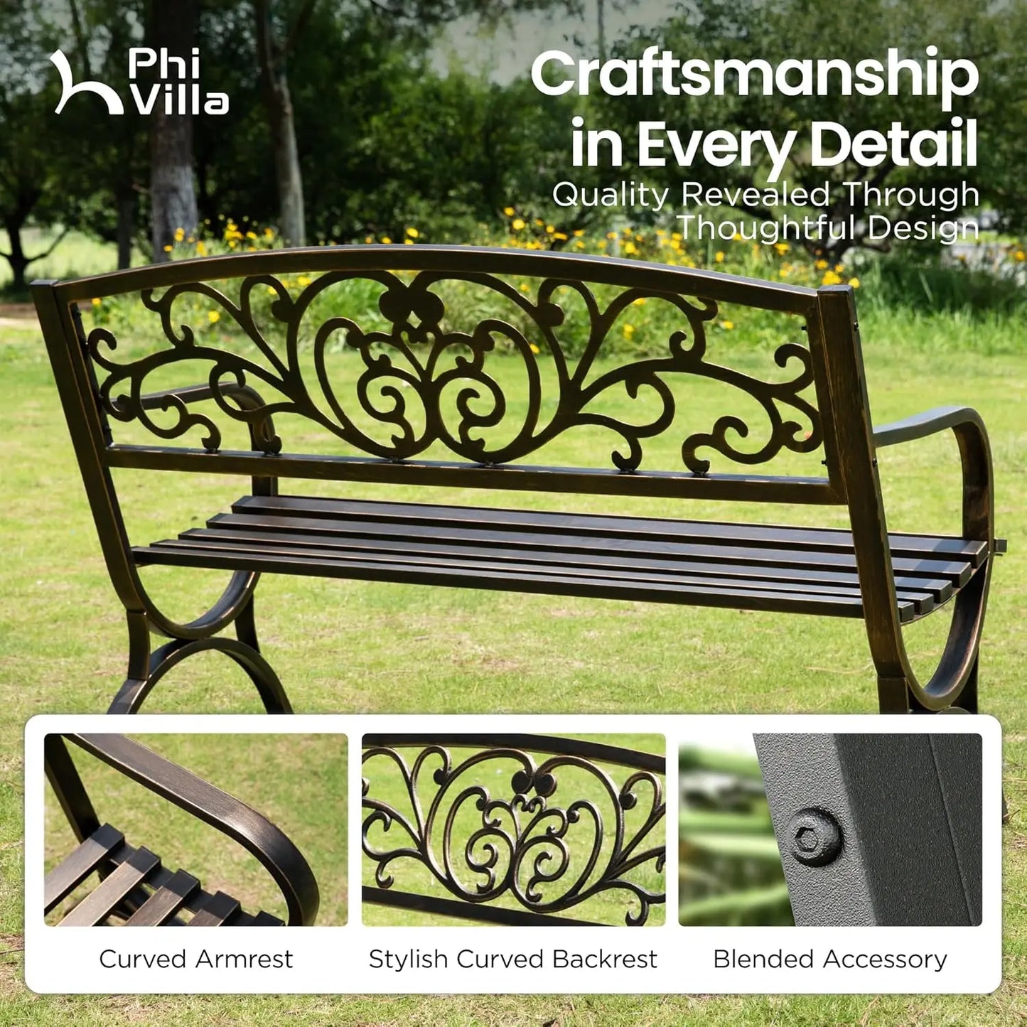 Cast Iron Garden Bench With Floral Backrest Slatted Seat