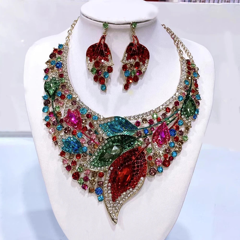 African Bridal Rhinestone Necklace And Earrings Set Wedding Jewelry