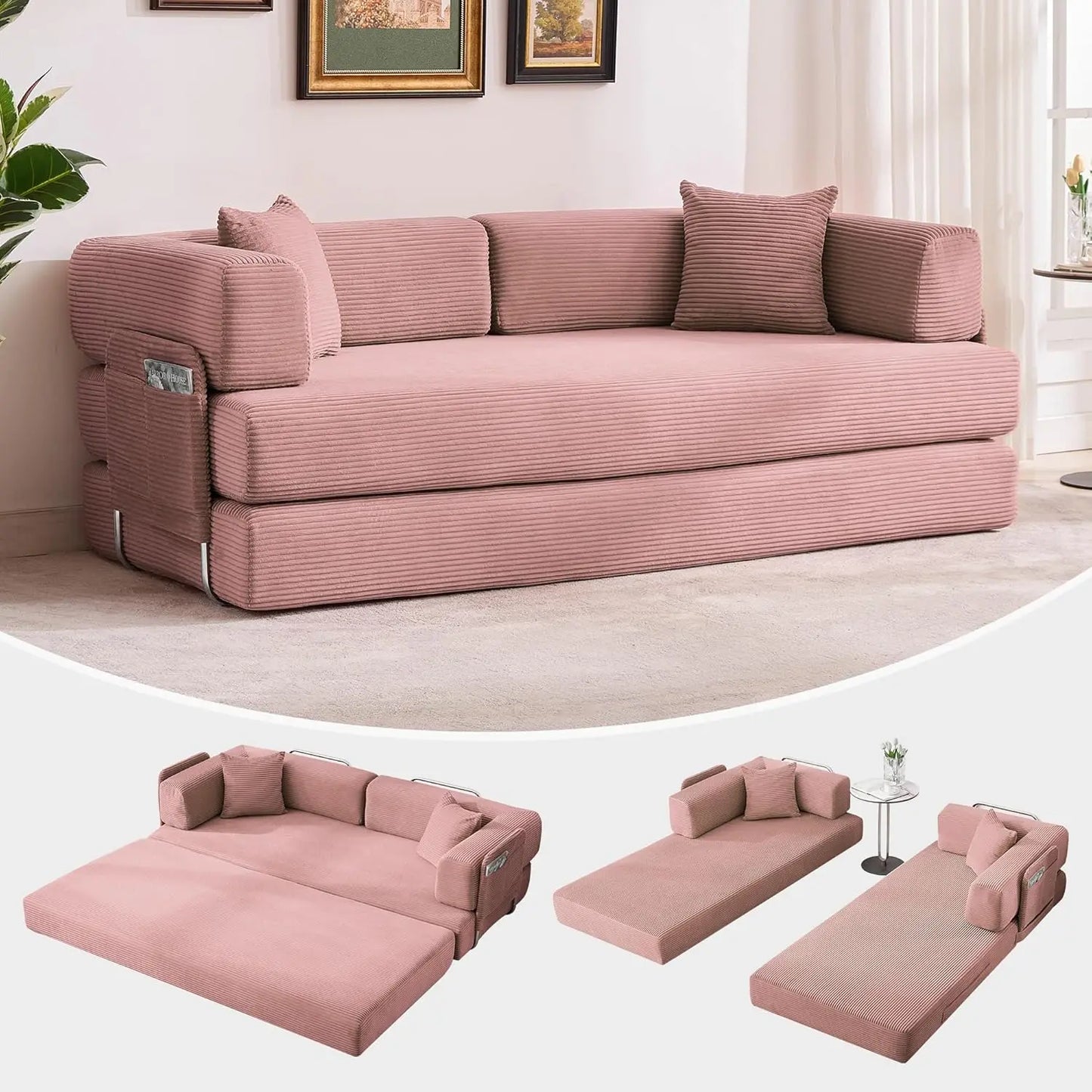 Convertible Sleeper Sofa 5-In-1 Folding Mattress Fixed Frame