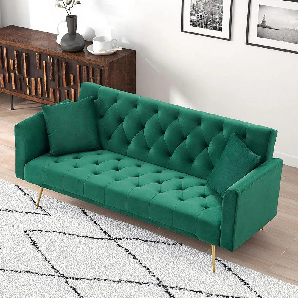 Velvet Convertible Futon Sofa Bed With Gold Metal Legs And 3 Position Backrest