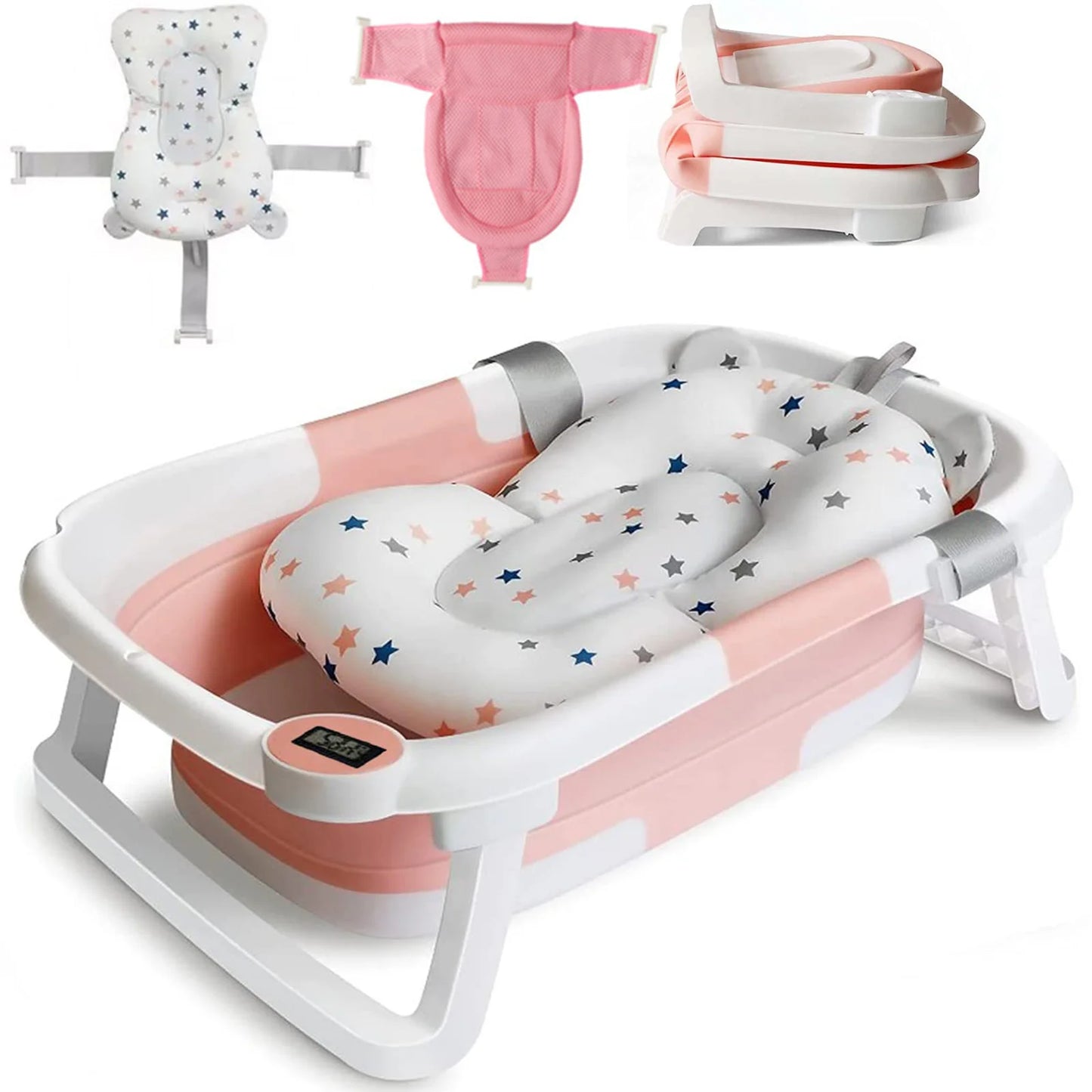Baby Bath Tub With Cushion Thermometer Foldable Design