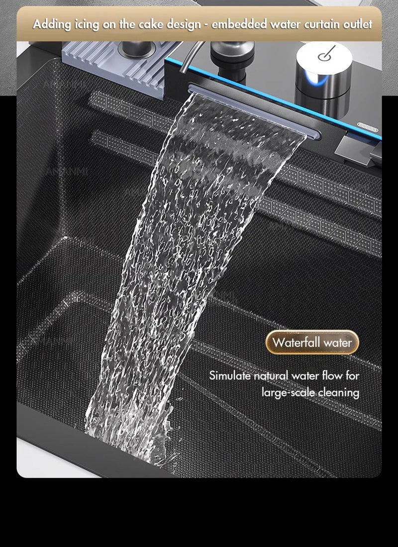 MYQualife 304 Stainless Steel Waterfall Kitchen Sink With Digital Display Faucet