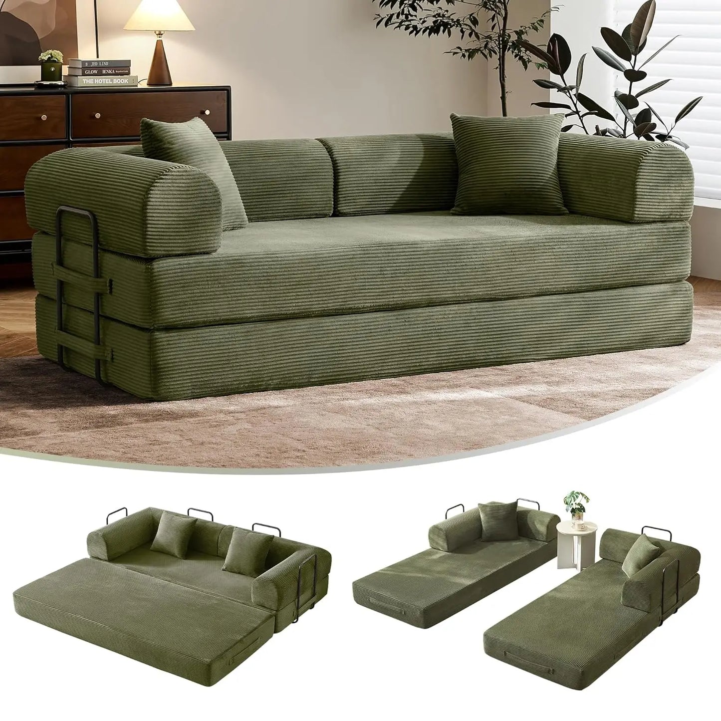 Corduroy Convertible Sofa Bed With Fixed Frame And Removable Armrests