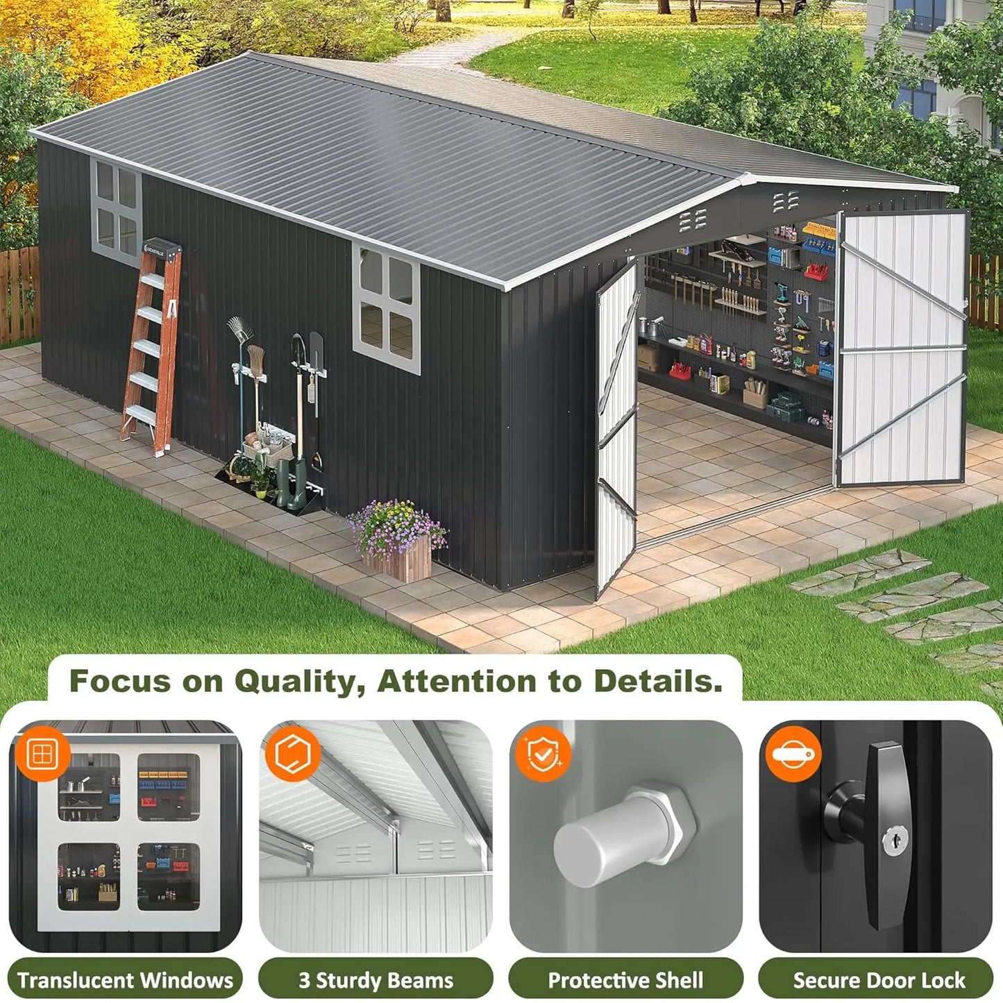 Metal Outdoor Storage Shed With Lockable Doors For Garden Tools