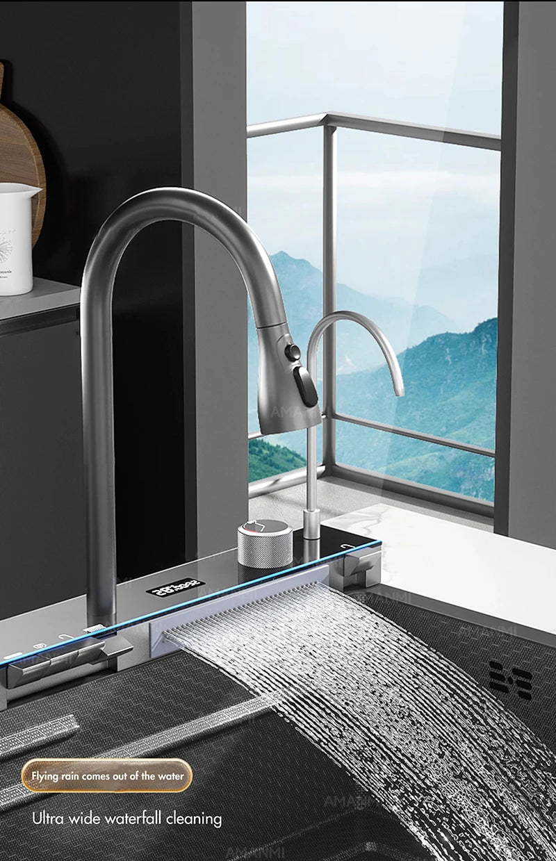 MYQualife 304 Stainless Steel Waterfall Kitchen Sink With Digital Display Faucet