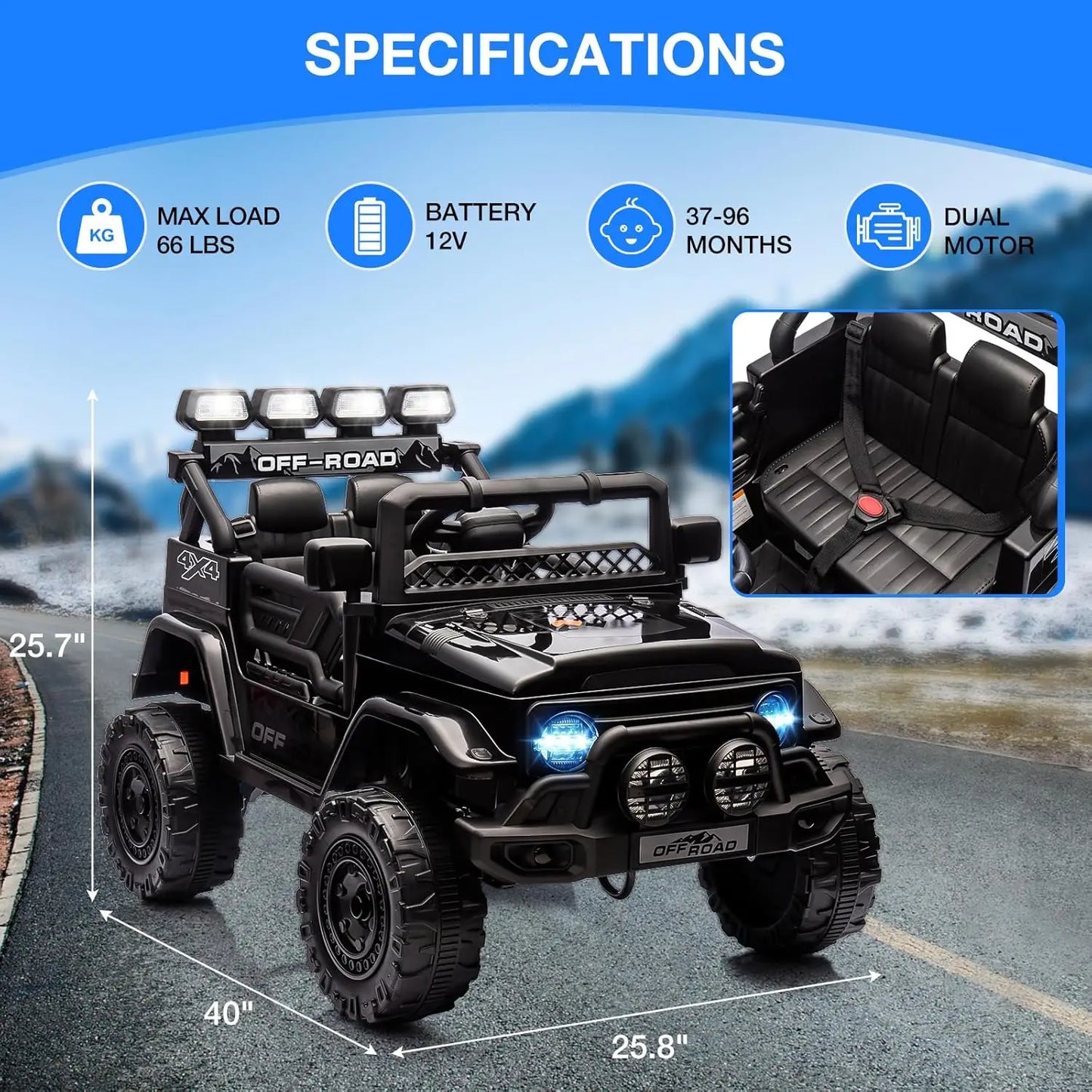 12V Kids Ride On Truck With Remote Control LED Lights