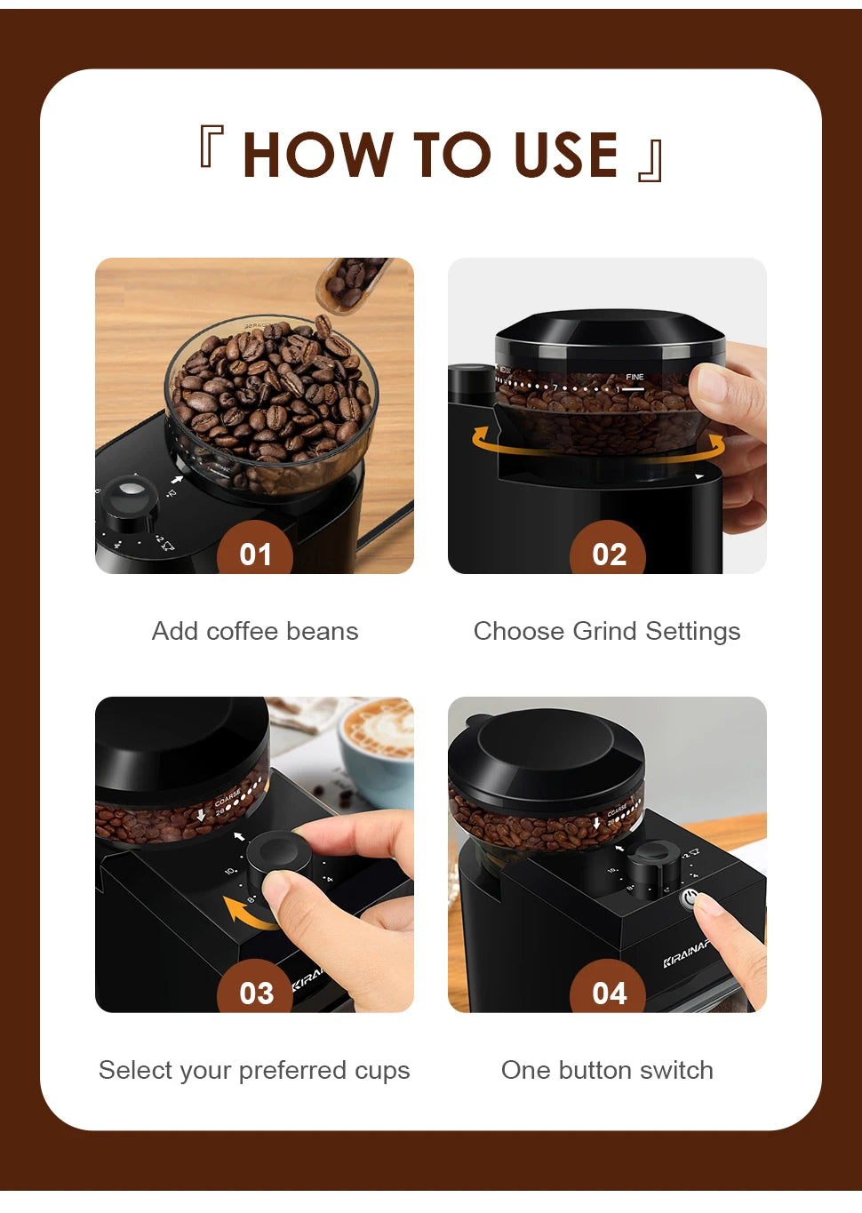 KIRAINAFLY Automatic Burr Mill Coffee Grinder 28 Adjustable Gears