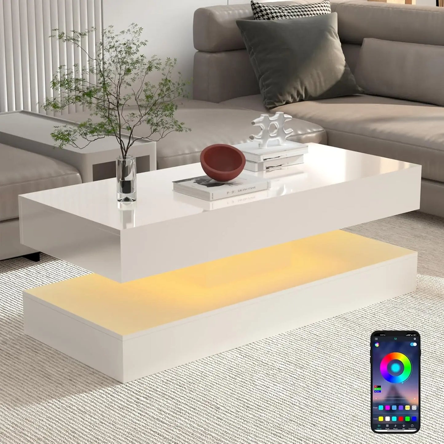 QiaoShiRen Modern LED Coffee Table With Two Storage Drawers