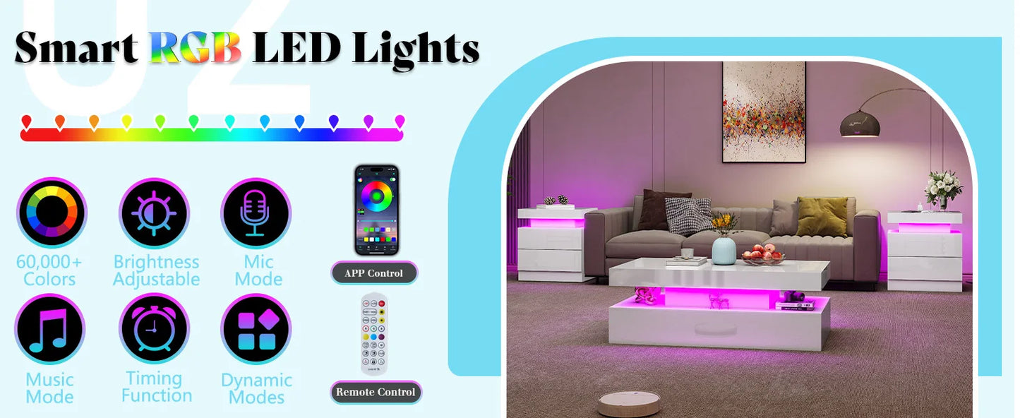 Modern High Gloss Living Room Table Set With Integrated LED