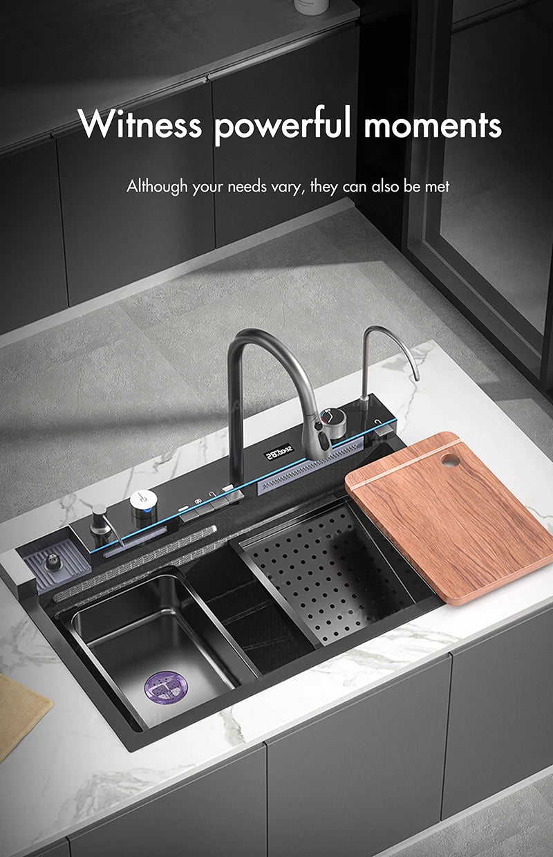 MYQualife 304 Stainless Steel Waterfall Kitchen Sink With Digital Display Faucet