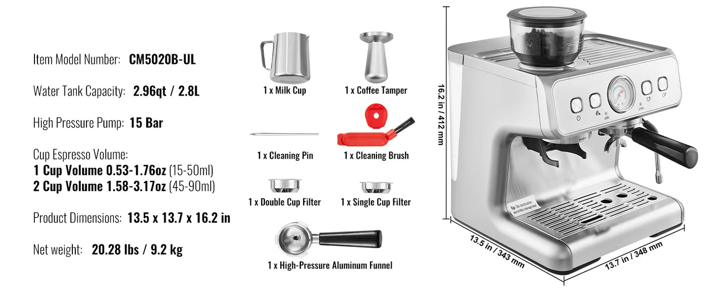 VEVOR Espresso Machine With Grinder 15 Bar Milk Frother