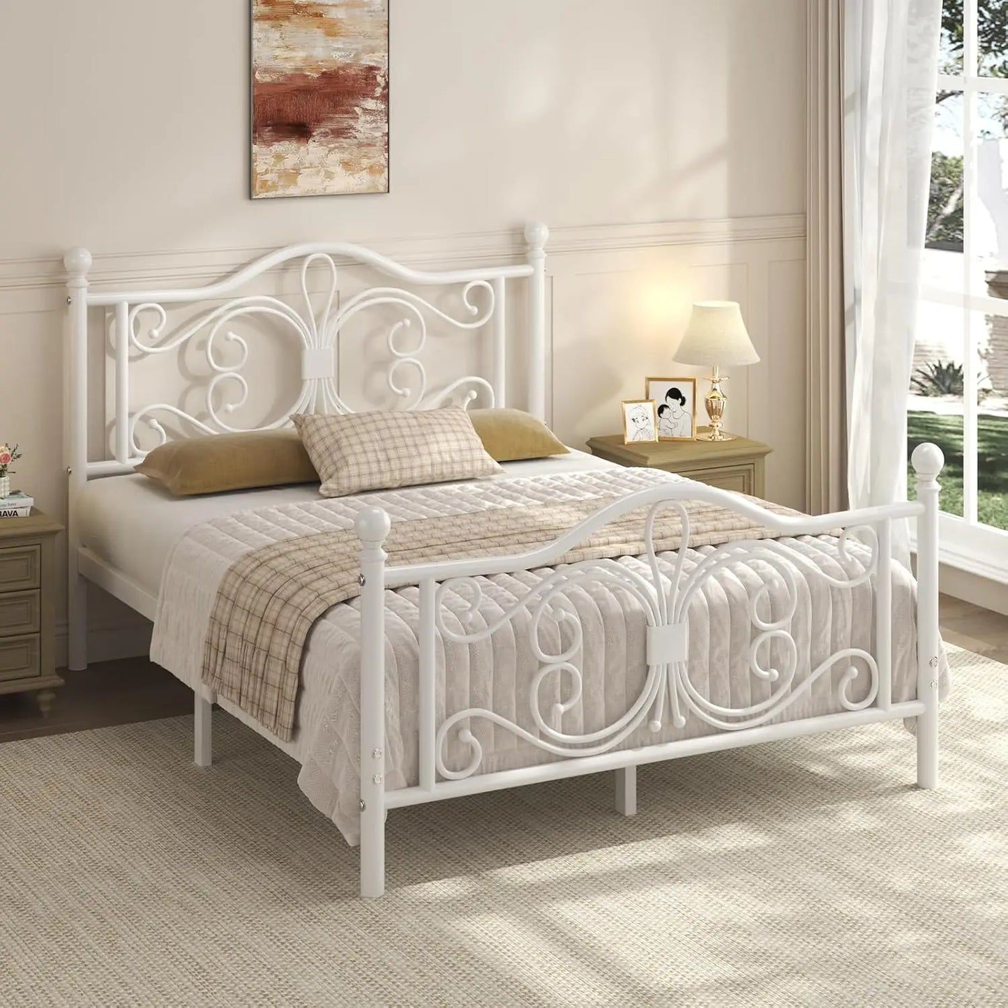 Metal Platform Bed Frame With Butterfly Pattern Headboard Footboard