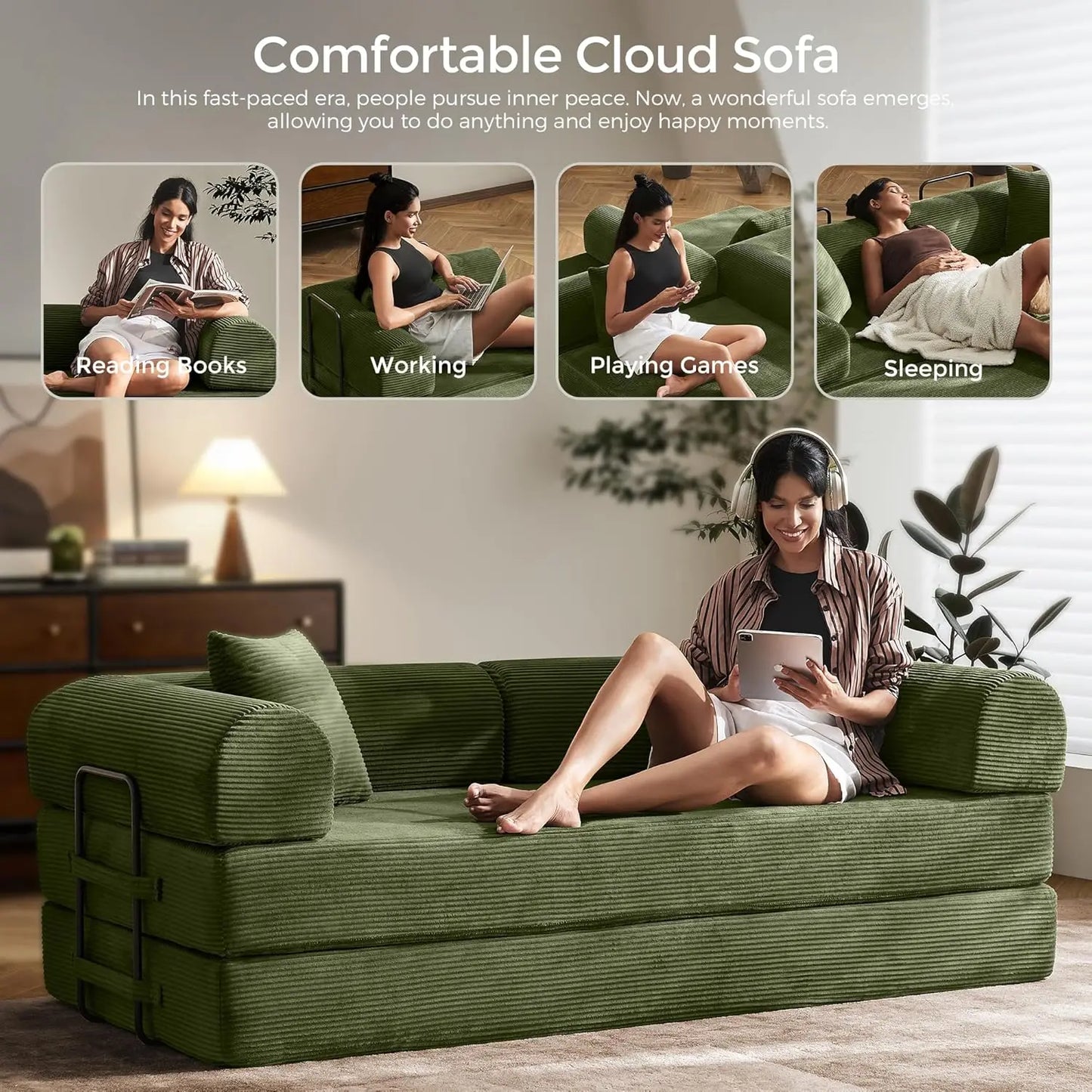 Corduroy Convertible Sofa Bed With Fixed Frame And Removable Armrests