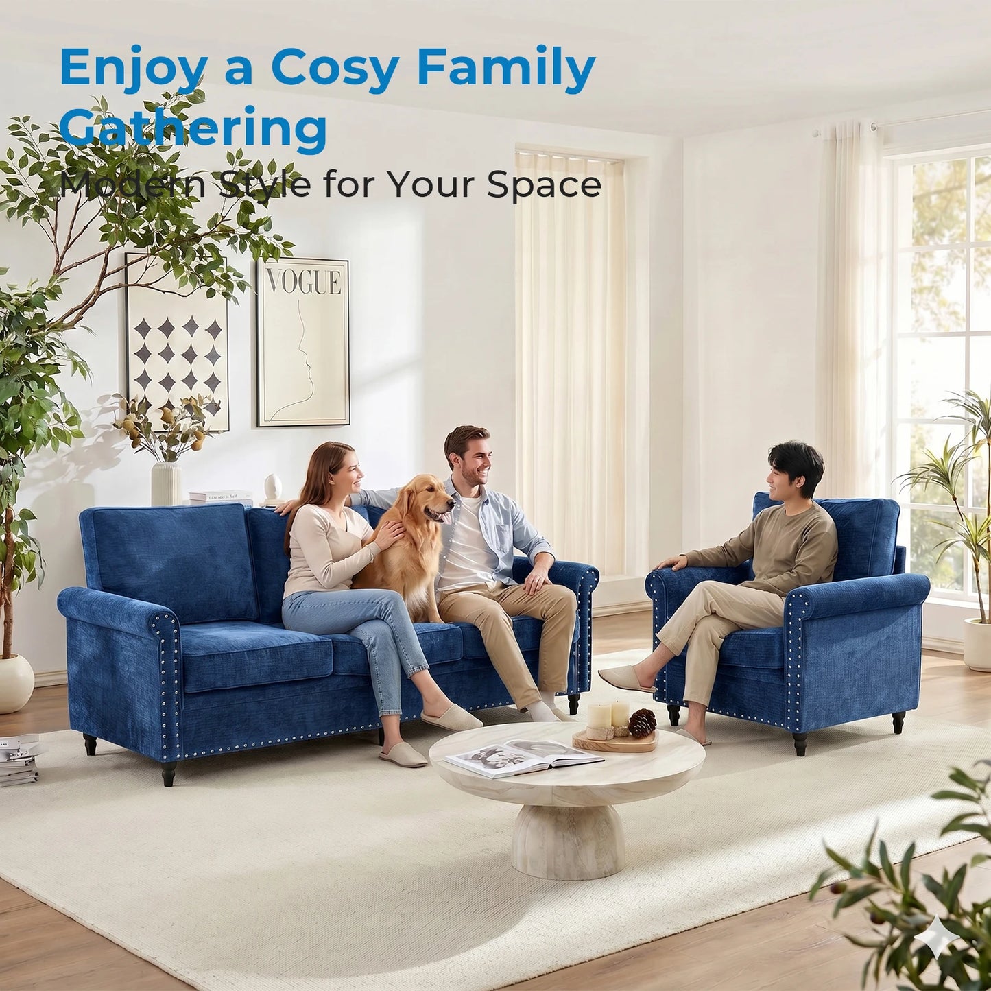 PUREMIND Modern 2pc Chenille Sofa Set With Wood Frame And Gourd Legs