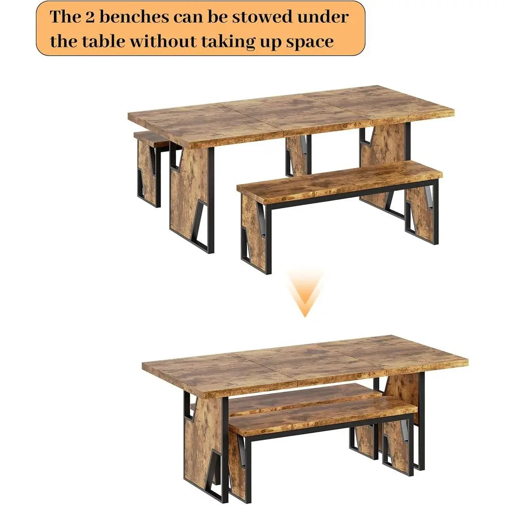 Modern Wooden Dining Table Set With Two Benches For Office