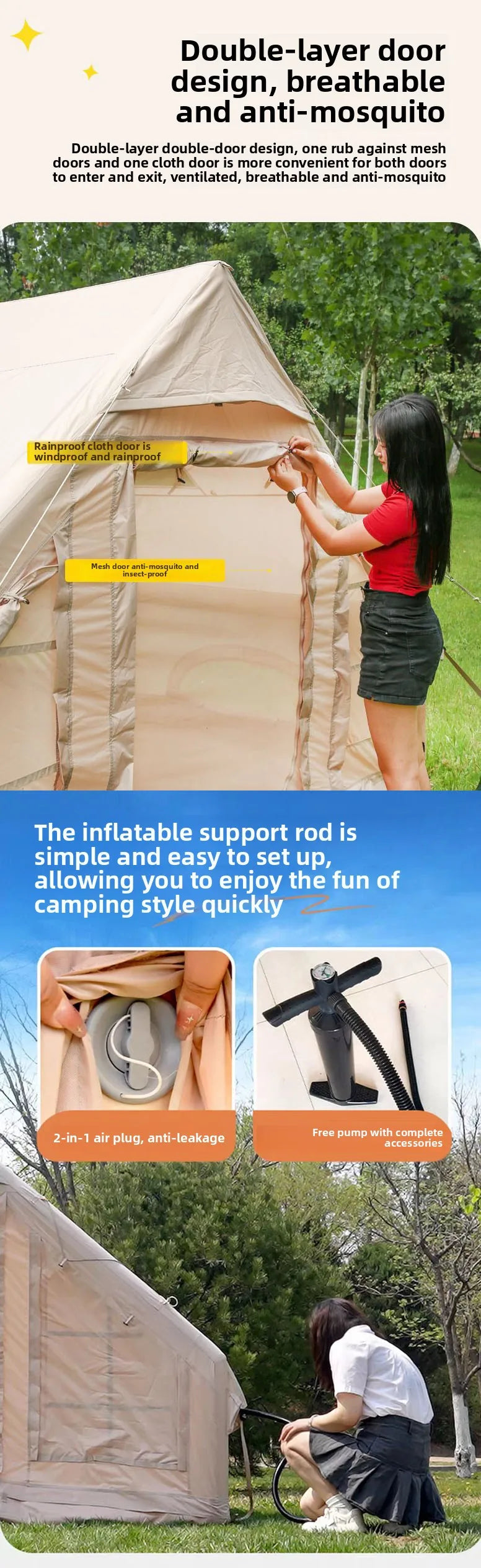 Inflatable Family Tent With Skylight Hand Pump And Chimney