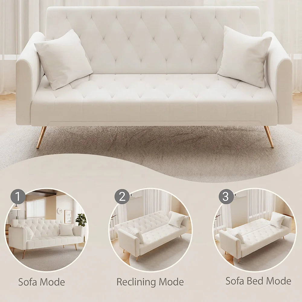 Velvet Convertible Futon Sofa Bed With Gold Metal Legs And 3 Position Backrest