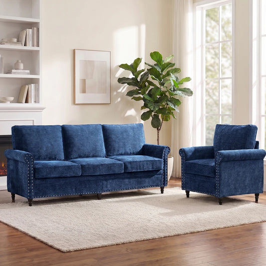 PUREMIND Modern 2pc Chenille Sofa Set With Wood Frame And Gourd Legs