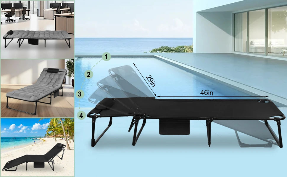 Lit de camp pliant portable 3 positions avec oreiller