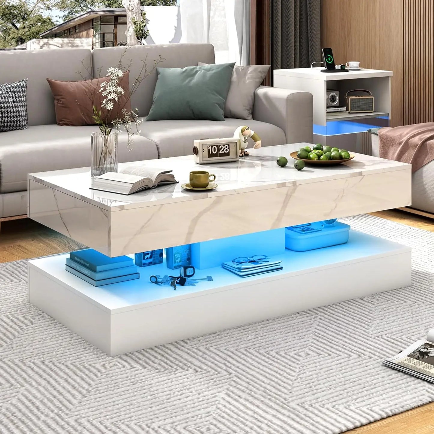 QiaoShiRen Modern LED Coffee Table With Two Storage Drawers