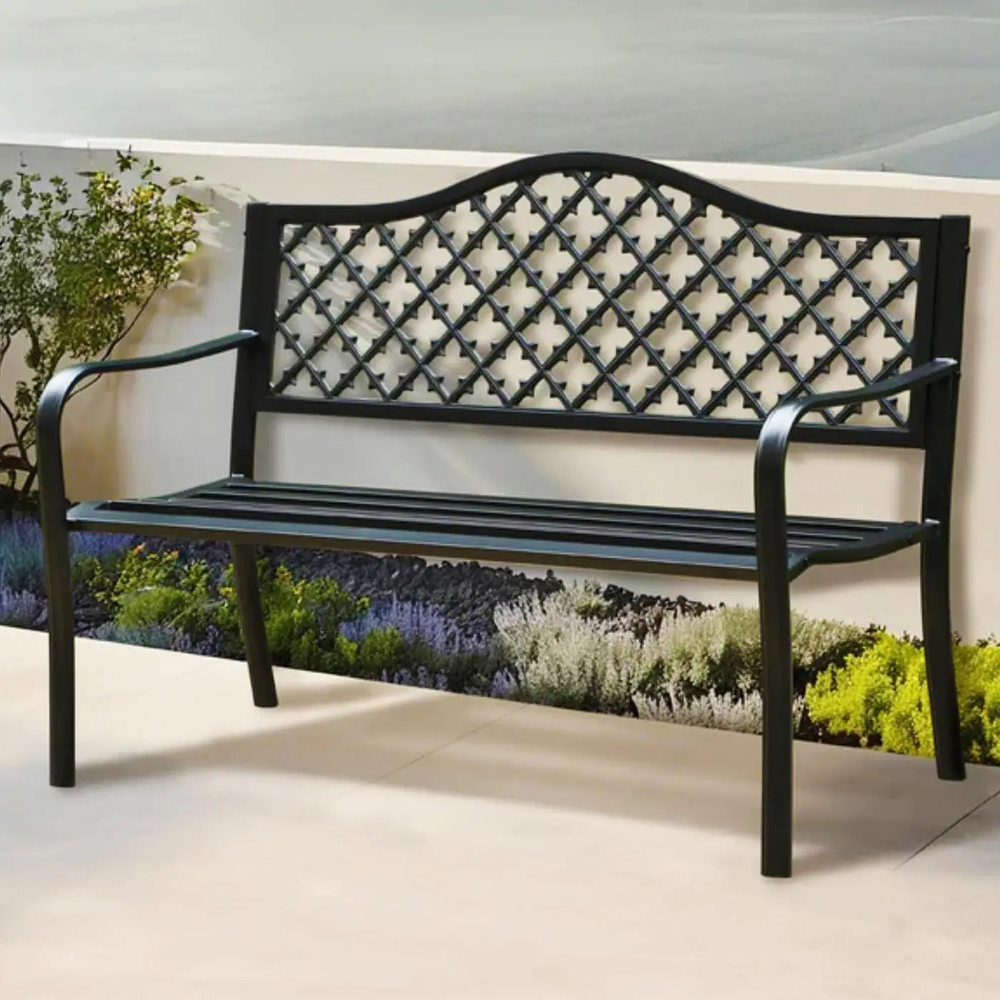 Cast Iron Garden Bench With Floral Backrest Slatted Seat