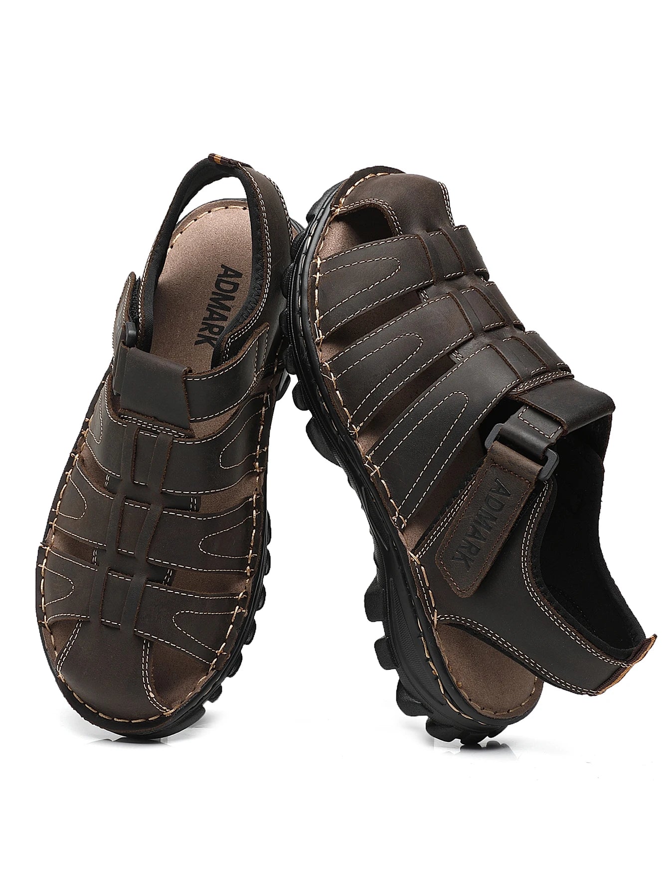 ADMARK Men's Closed Toe Full Grain Leather Fisherman Sandals With Arch Support
