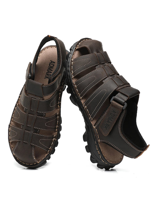 ADMARK Men's Closed Toe Full Grain Leather Fisherman Sandals With Arch Support