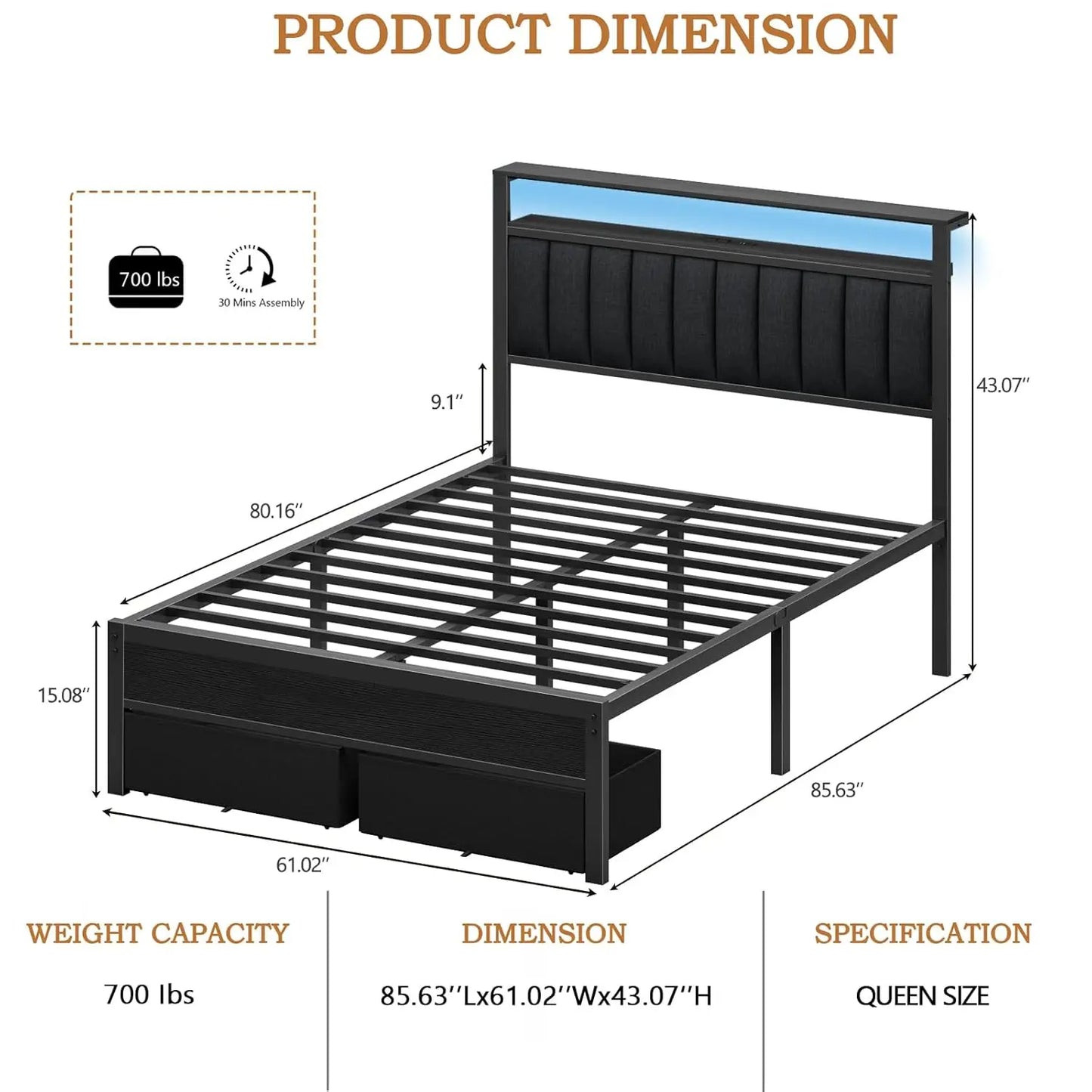 Bed Frame Charging Station And LED Lights, Upholstered Headboard Platform Bed