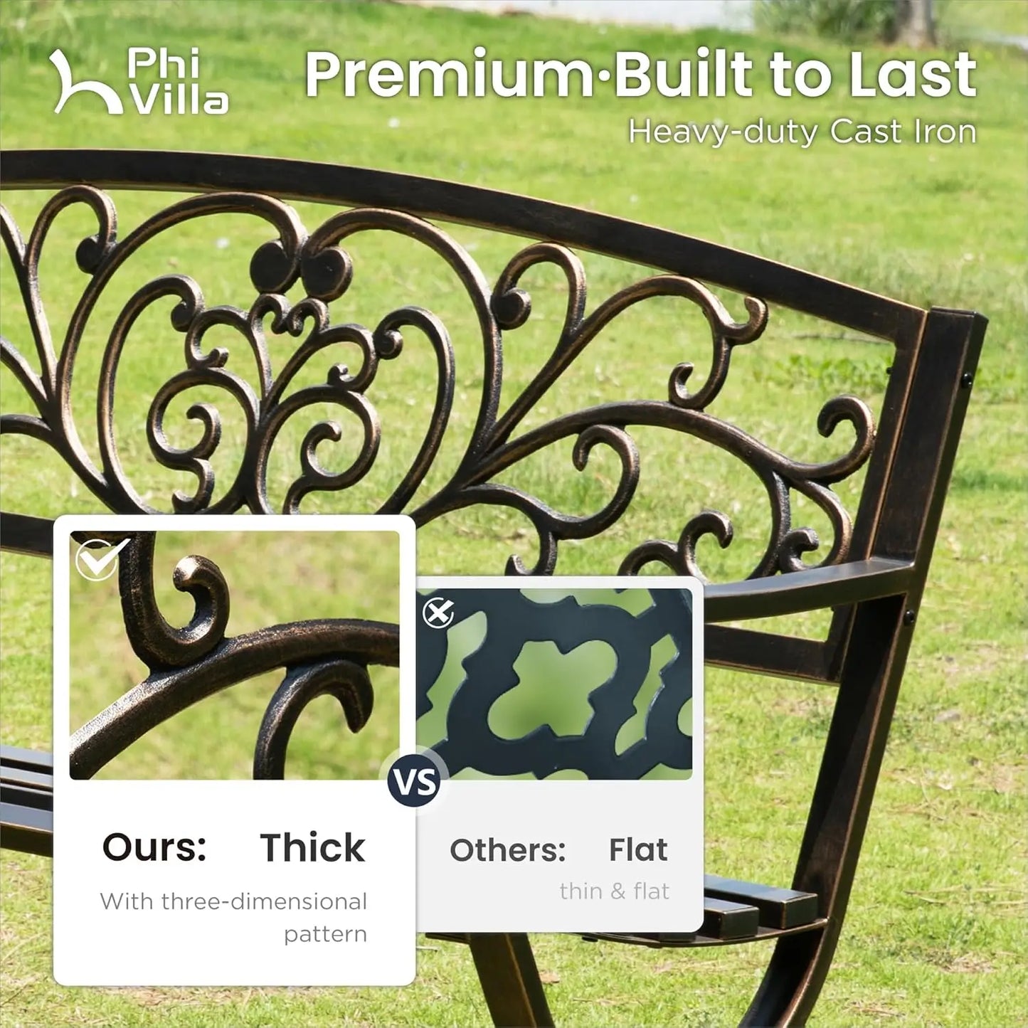 Cast Iron Garden Bench With Floral Backrest Slatted Seat