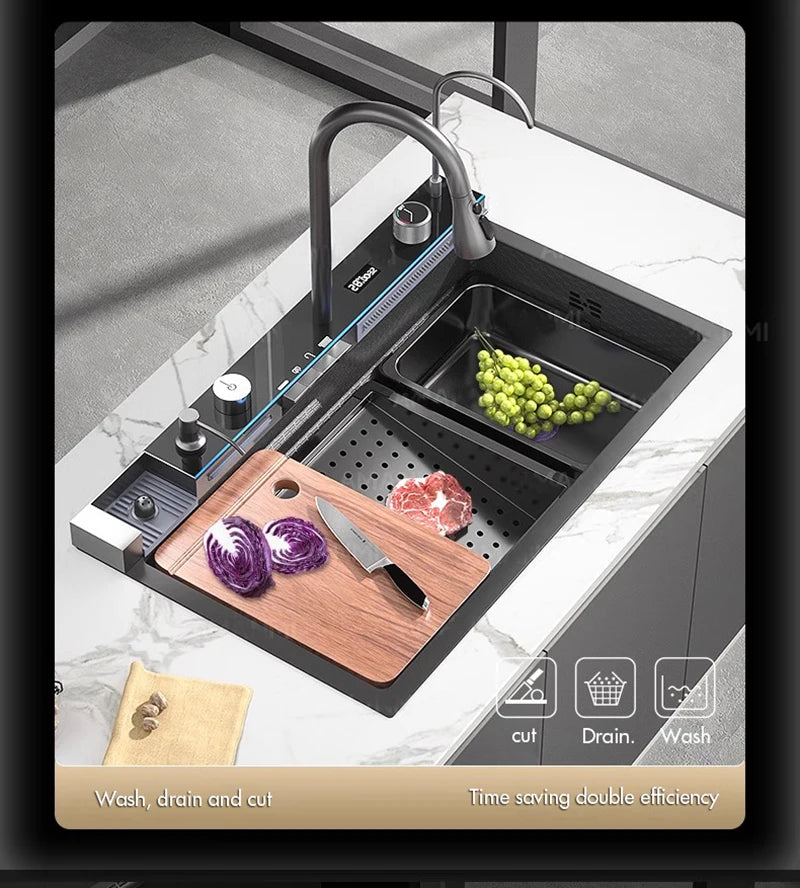 MYQualife 304 Stainless Steel Waterfall Kitchen Sink With Digital Display Faucet