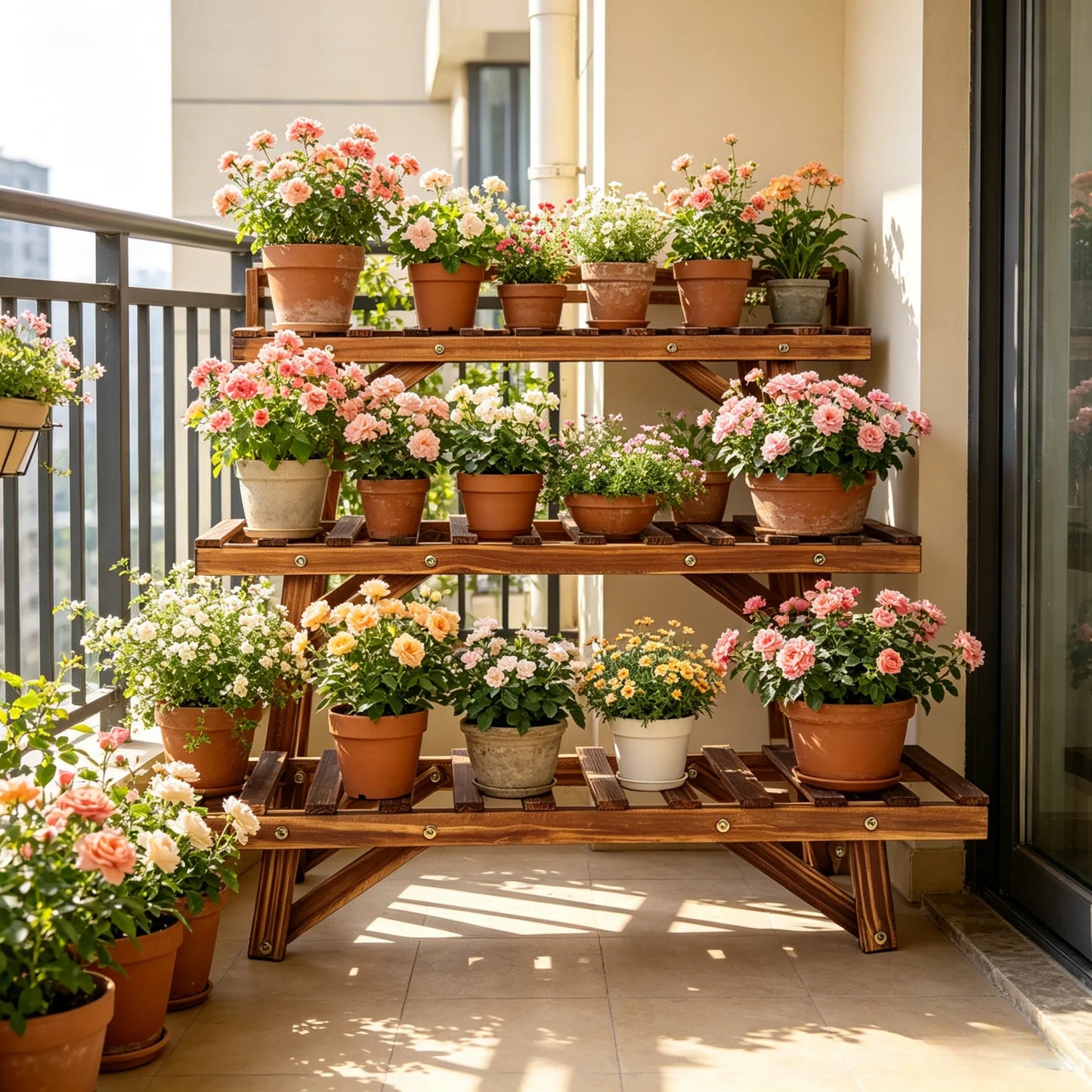 Three Tier Wood Ladder Shelf Plant Stand For Garden Balcony