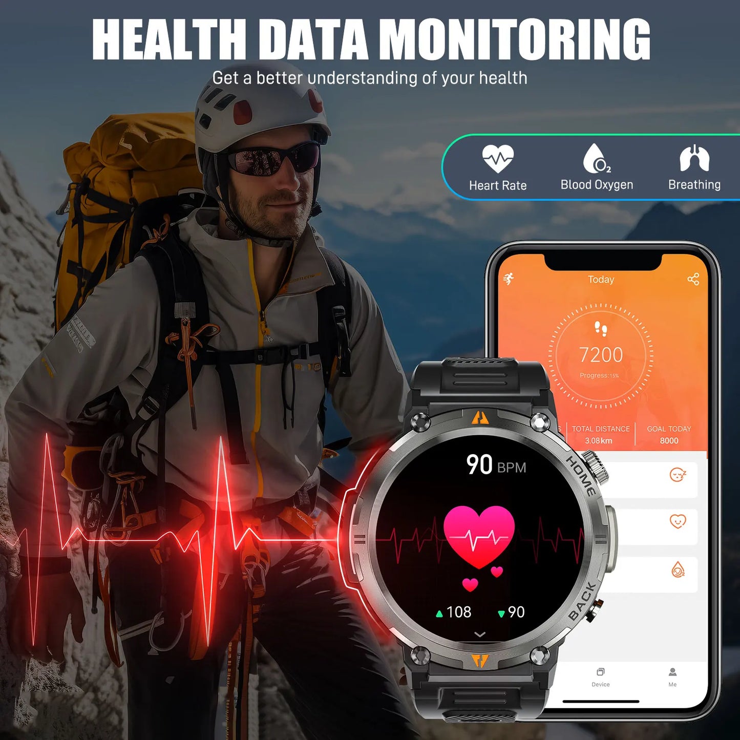 EIGIIS KE3 Smart Watch 3ATM Waterproof Health Monitor with Bluetooth