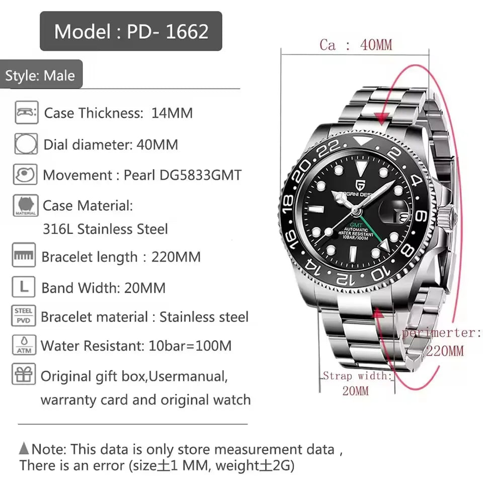 Pagani Design PD-1662 V6 GMT Mechanical Watch Stainless Steel Sapphire