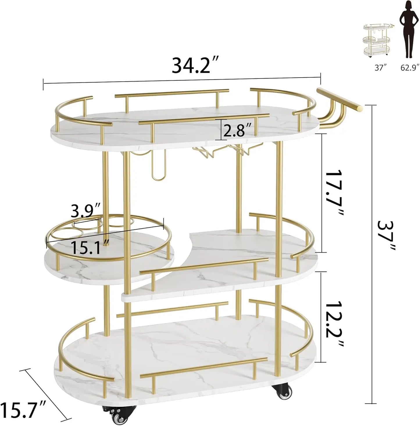 HobbyLane Gold Bar Cart With 4 Tier Storage On Wheels