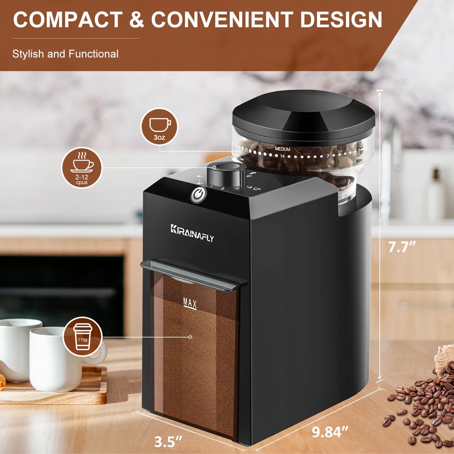 KIRAINAFLY Automatic Burr Mill Coffee Grinder 28 Adjustable Gears