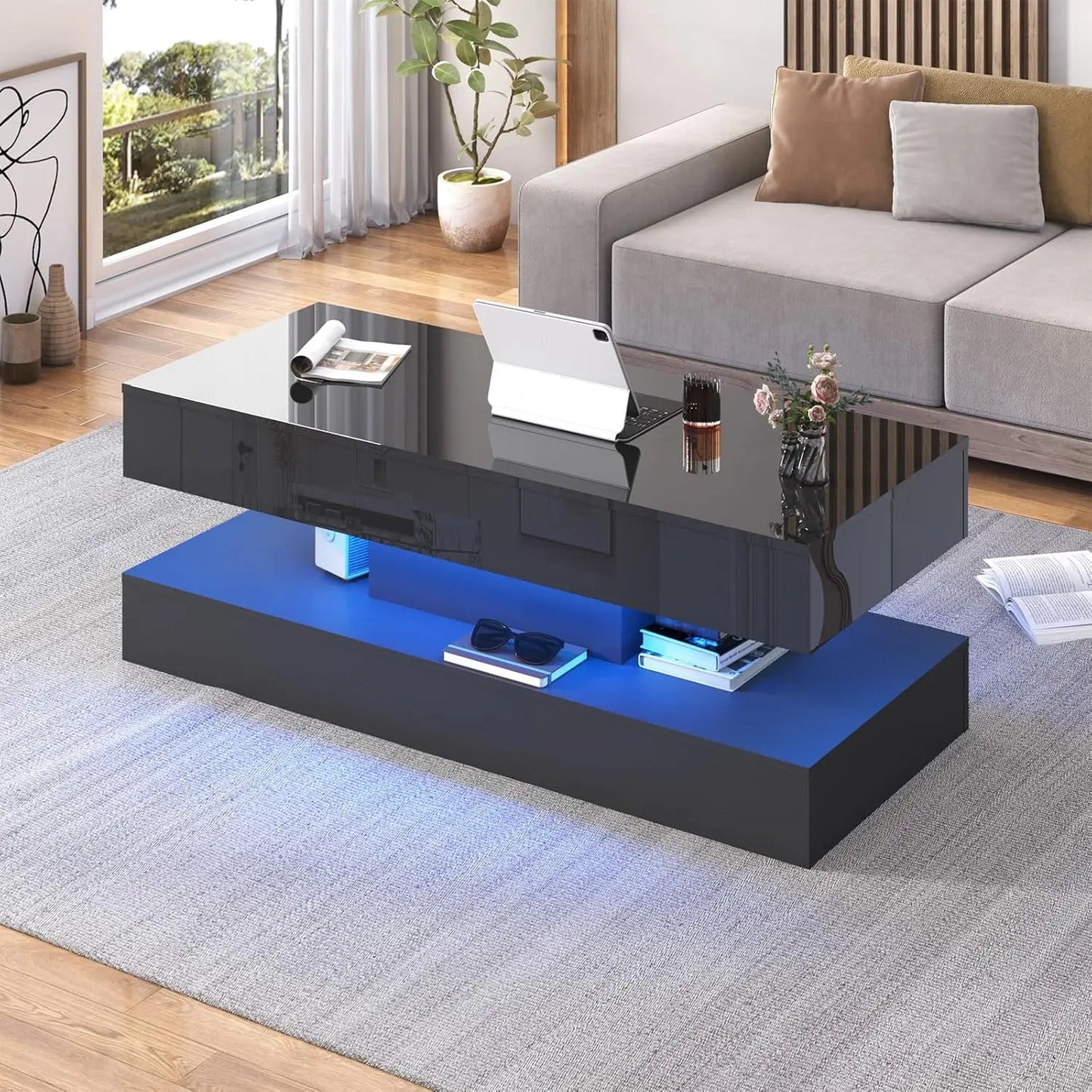 QiaoShiRen Modern LED Coffee Table With Two Storage Drawers